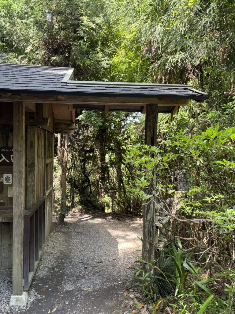 甲賀の里忍術村の東口入場口。左側に木造の小さな受付小屋があり、その屋根が右側の通路へと張り出している。通路は砂利道で、奥へと続く深い緑の森と、右側の生い茂る木々に囲まれている。