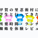 甲賀の里忍術村に小学生と行ってきた！所要時間・ランチ・水蜘蛛を体験レビュー。カラフルな折り紙の忍者が並ぶブログアイキャッチ画像。